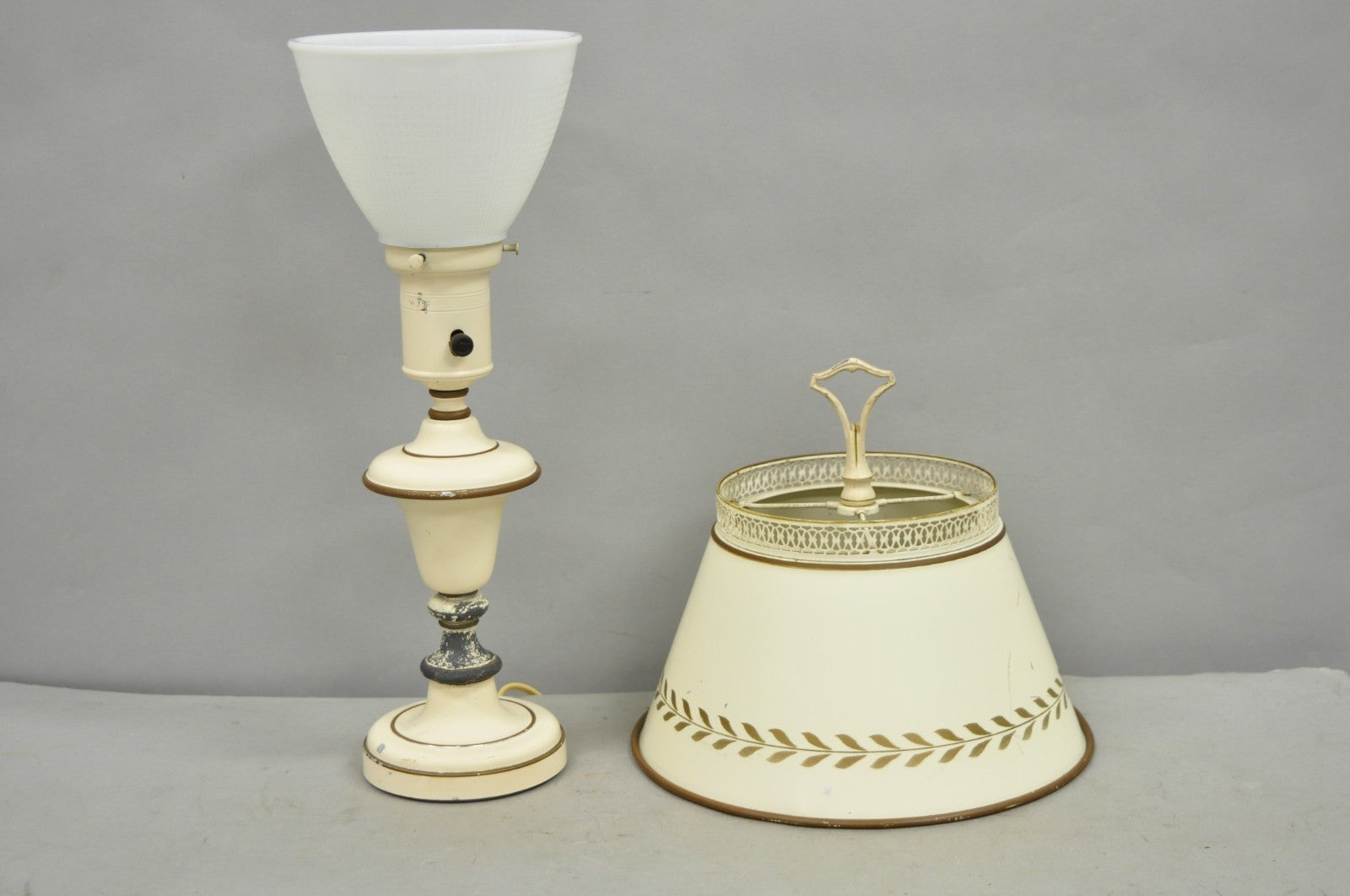 Vintage French Country Style Small White Tole Metal Boudoir Table Lamp w/ Shade