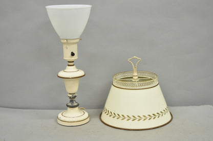 Vintage French Country Style Small White Tole Metal Boudoir Table Lamp w/ Shade