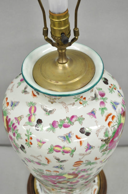 Vintage Chinoiserie Porcelain Jardinière Pink Flower Painted Large Table Lamp