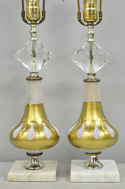 Vintage Mid Century Modern Gold Teardrop Diamond Vanity Table Lamps - a Pair