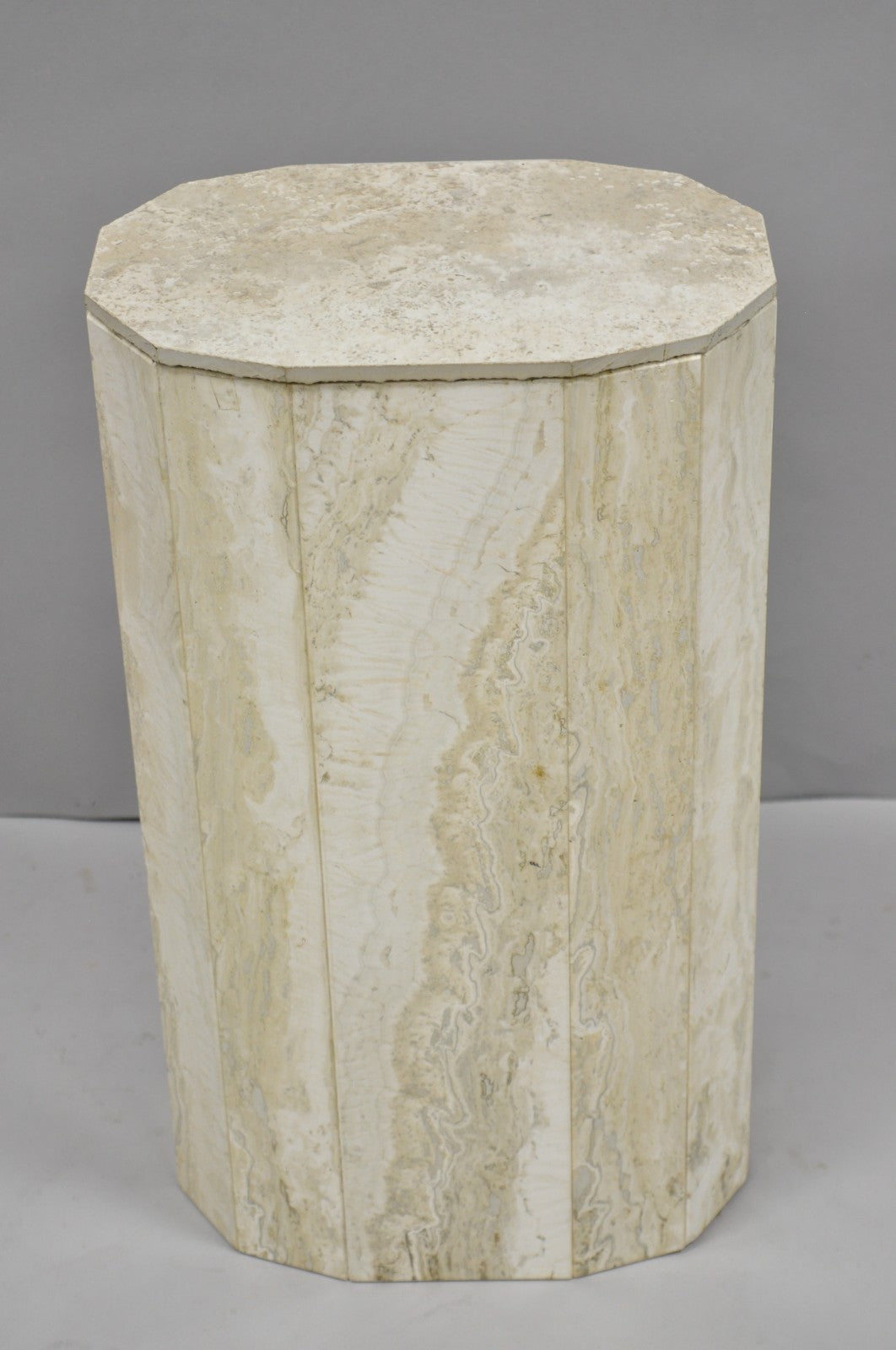 Vintage Postmodern Travertine Stone Small 20" Modern Pedestal Stand Side Table