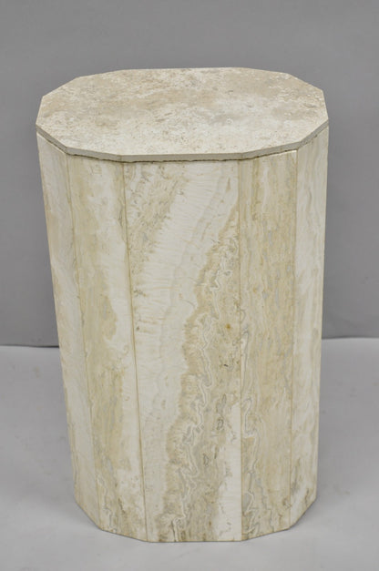 Vintage Postmodern Travertine Stone Small 20" Modern Pedestal Stand Side Table