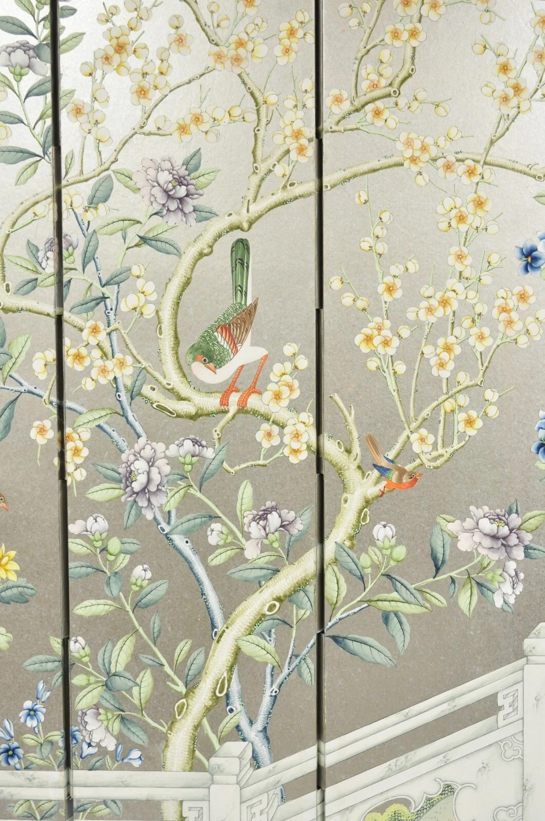Vintage Chinoiserie Silver Leaf Birds Butterflies 4 Panel Screen Room Divider A