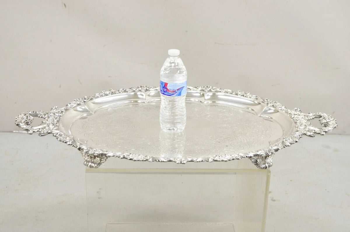 Antique Victorian English Sheffield Ornate Oval Footed Serving Platter Bar Tray