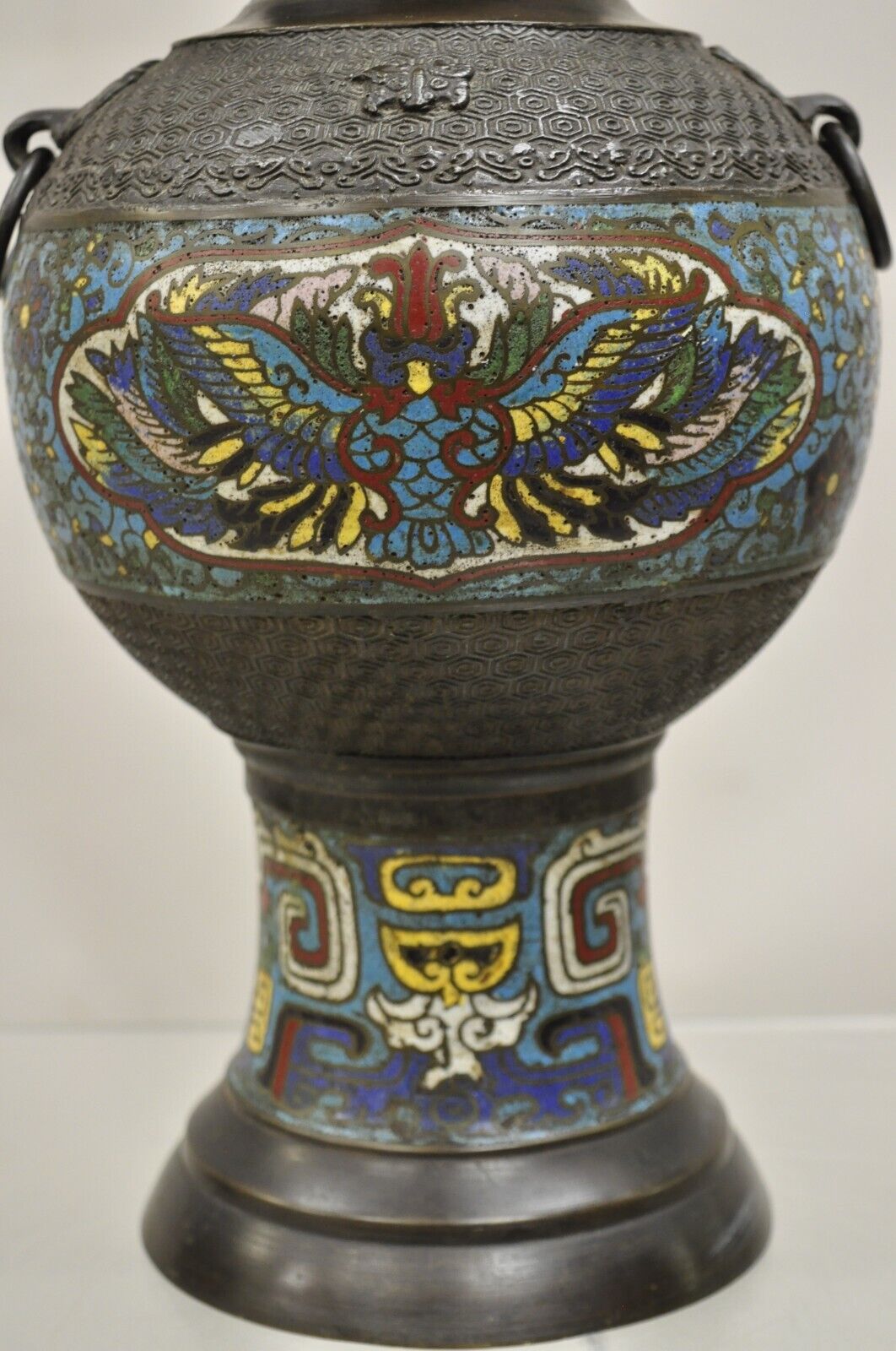 Antique Chinese Cloisonne Blue Porcelain Enamel  Bronze Figural Table Lamp