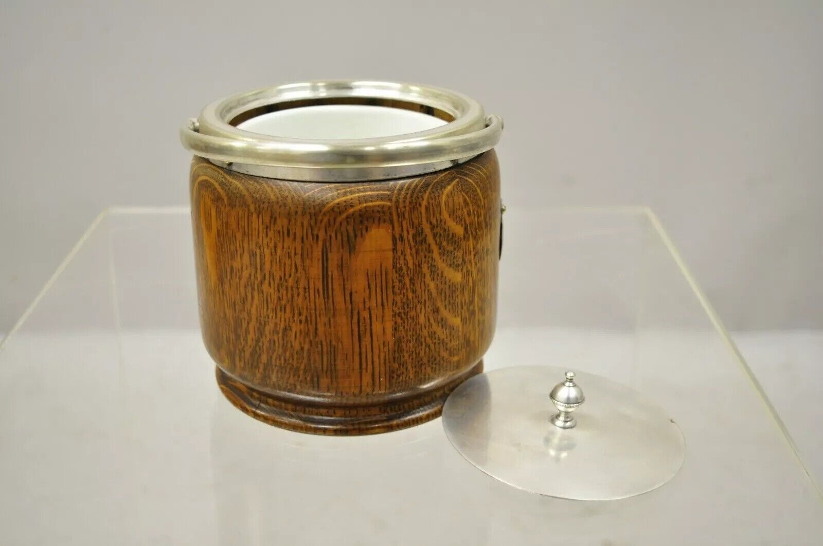 Antique H.C. & C. English Silver Plate and Oak Biscuit Barrel with Lid and Liner