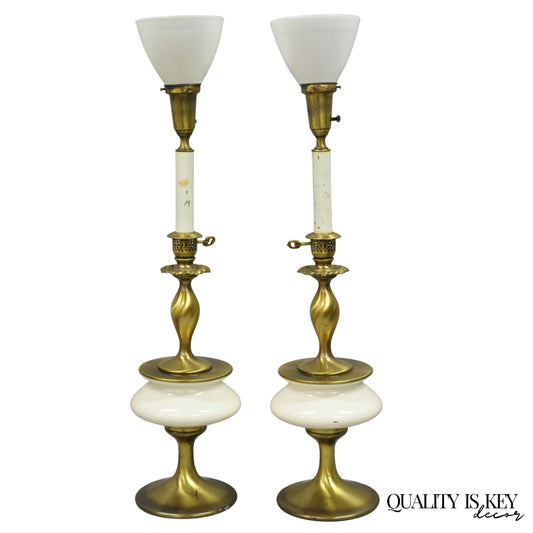 Vintage Rembrandt Hollywood Regency Brass & Porcelain Sculpted Table Lamp Pair