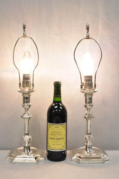 Antique English Regency Silver Plated Footed Candlestick Table Lamps - a Pair