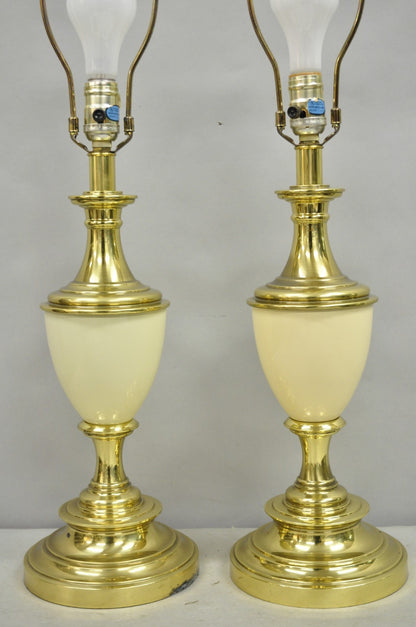 Vintage Stiffel Hollywood Regency Cream Enamel Brass Urn Table Lamps - a Pair