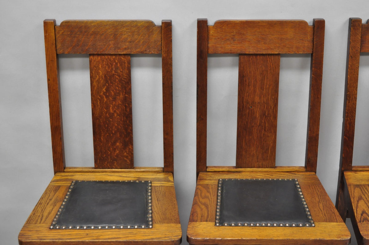 Antique Mission Oak Arts & Crafts T-Back Limbert Style Dining Chairs - Set of 4