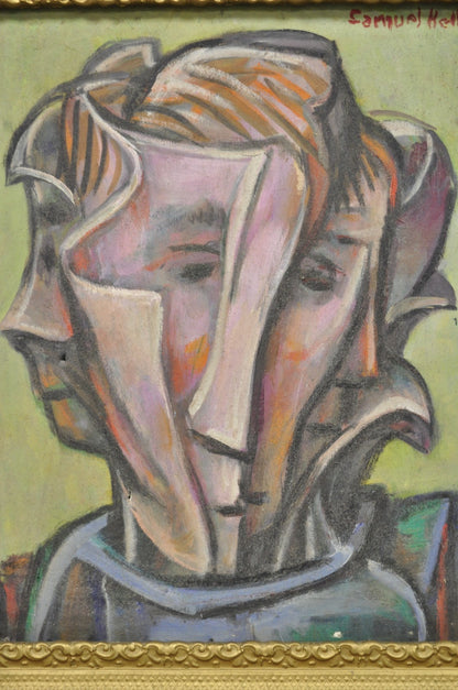 Vintage Samuel Heller "Face in Motion" Picasso Style Oil on Canvas Painting