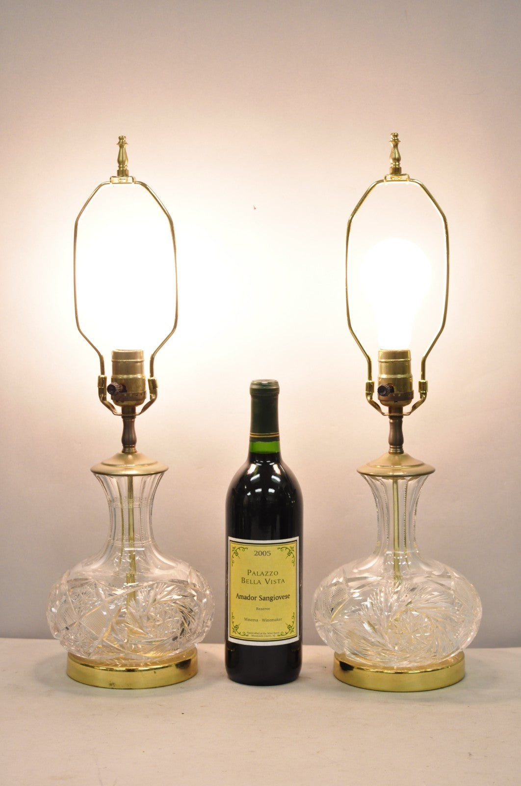 Vintage Victorian Cut Crystal Leaded Glass Small Bulbous Table Lamps - a Pair