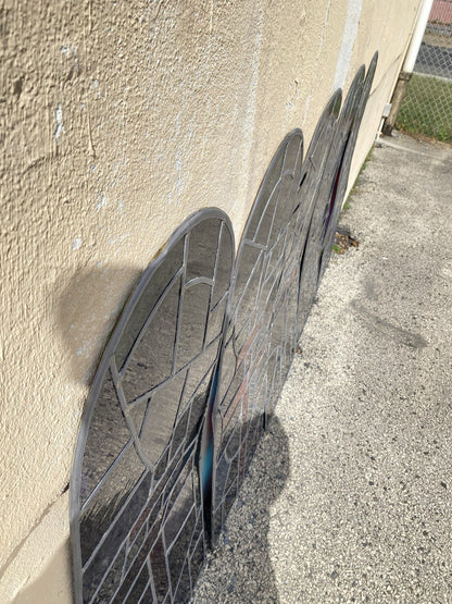 Vintage Art Deco Blue & Red Leaded Stained Glass Arched Window w/ Cross - 5 Pcs