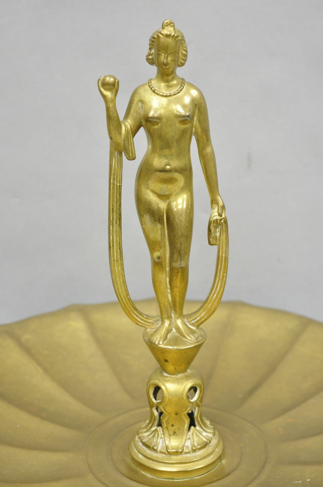 Vintage Art Nouveau Brass Figural Nude Woman Centerpiece Compote Dish Bowl
