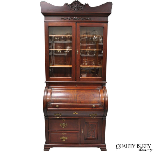 Antique Victorian Mahogany Cylinder Roll Top Bookcase Secretary Desk Cabinet