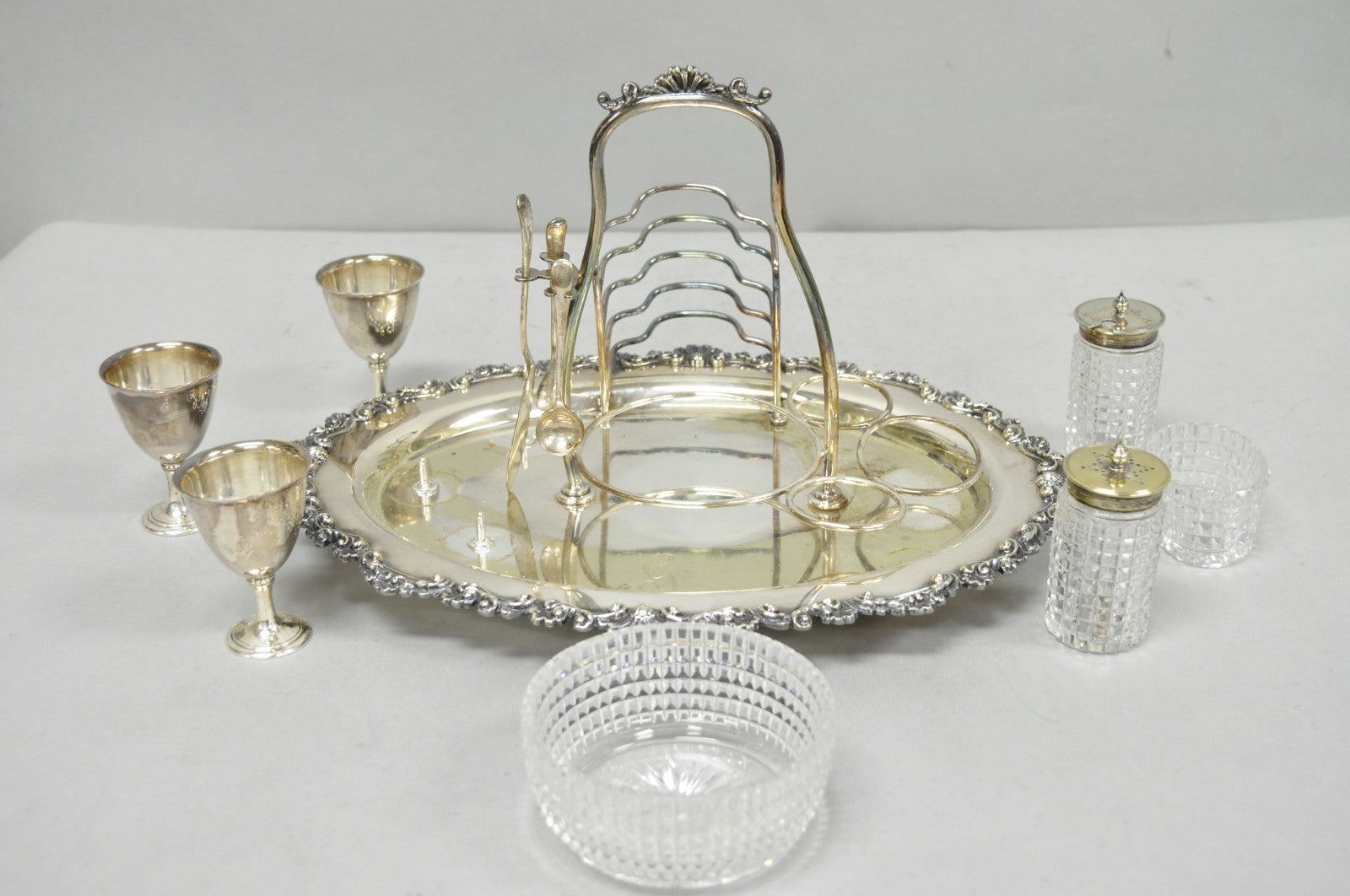 Antique Victorian Silver Plated Footed Cut Glass Breakfast Set Toast Rack w Tray