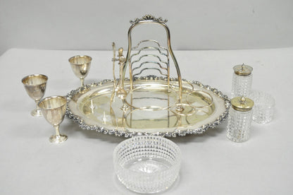 Antique Victorian Silver Plated Footed Cut Glass Breakfast Set Toast Rack w Tray