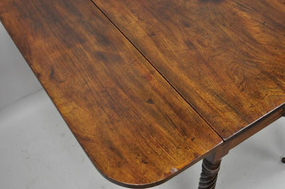 Antique 19th C. Sheraton Mahogany Turn Carved Spiral Leg Drop Leaf Dining Table