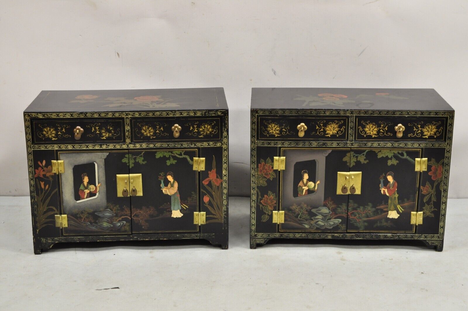 Vintage Chinese Oriental Small Asian Black Lacquer Painted Cabinets -  a Pair