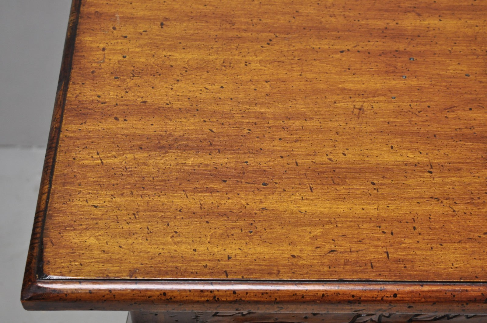 Vintage French Country Pine Wood Distress Floral Carved 1 Drawer Writing Desk