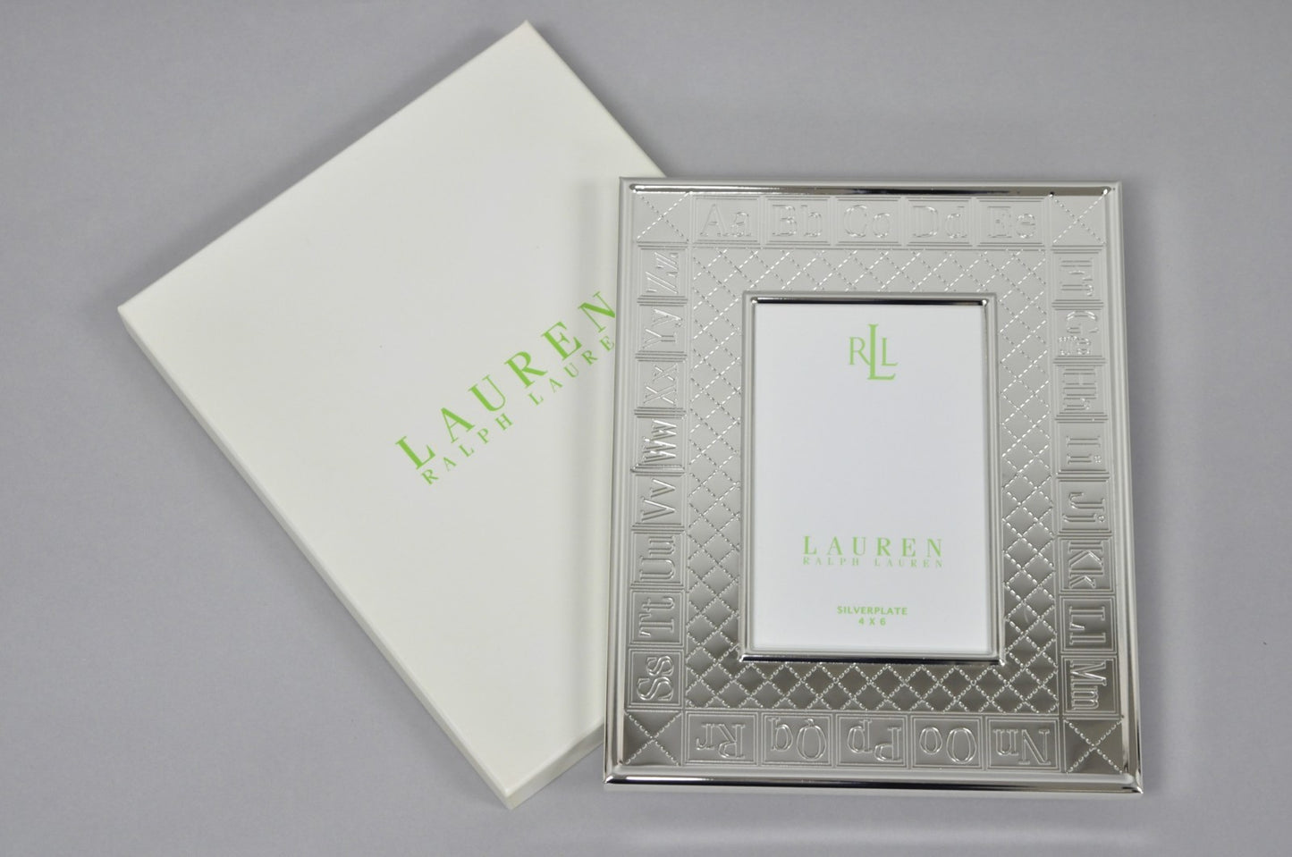 Ralph Lauren Silver Plated 4x6 Picture Frame MacKenzie Quilt Alphabet Motif NIB