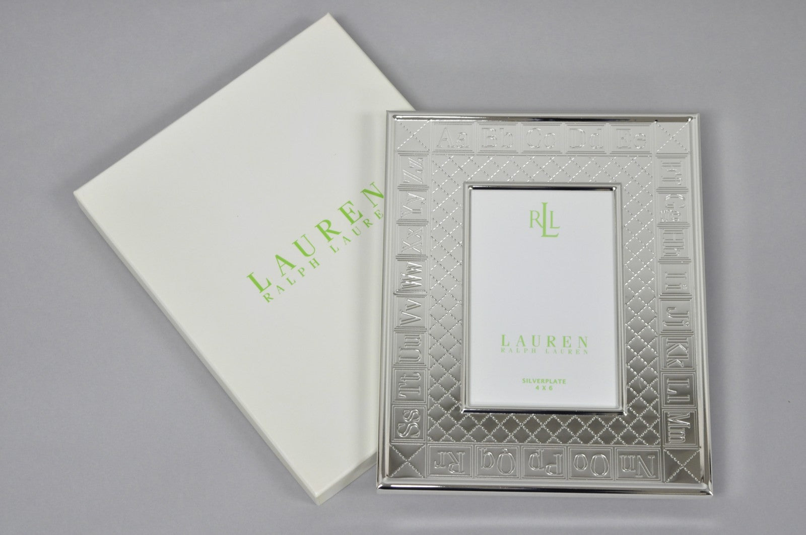 Ralph Lauren Silver Plated 4x6 Picture Frame MacKenzie Quilt Alphabet Motif NIB