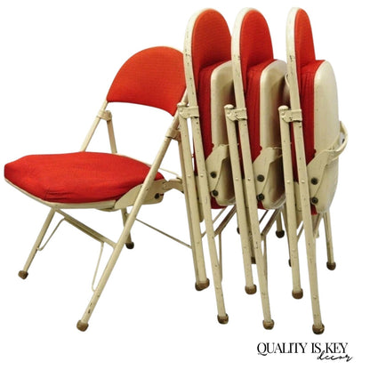 Vintage American Seating Metal Frame Red Upholstered Folding Chairs - Set of 4