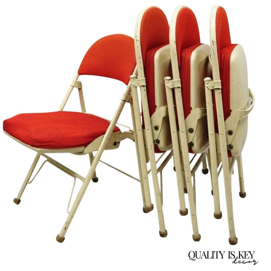 Vintage American Seating Metal Frame Red Upholstered Folding Chairs - Set of 4