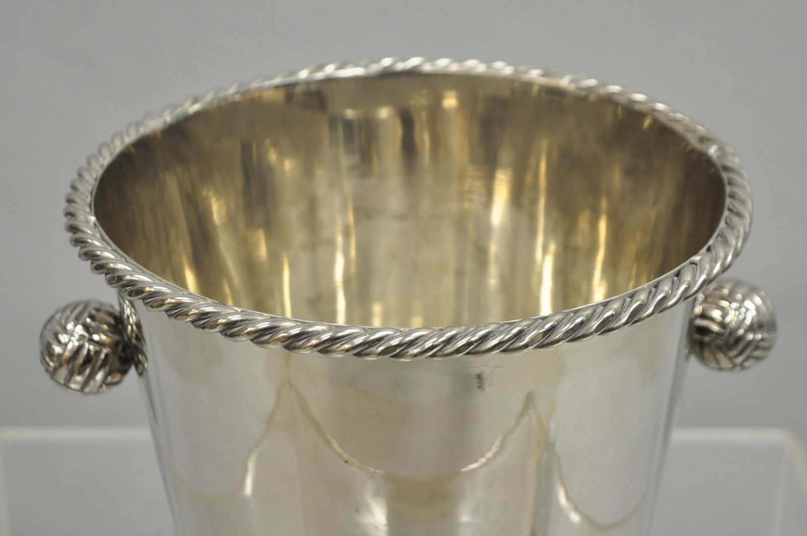 Hollywood Regency Silver Plated Champagne Chiller Ice Bucket w/ Knot Handles