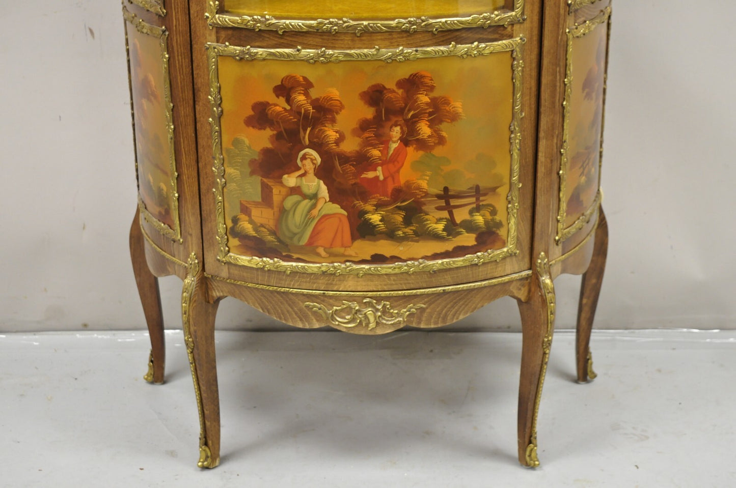 Vintage French Louis XV Style Half Round Demilune Lighted Curio Display Cabinet