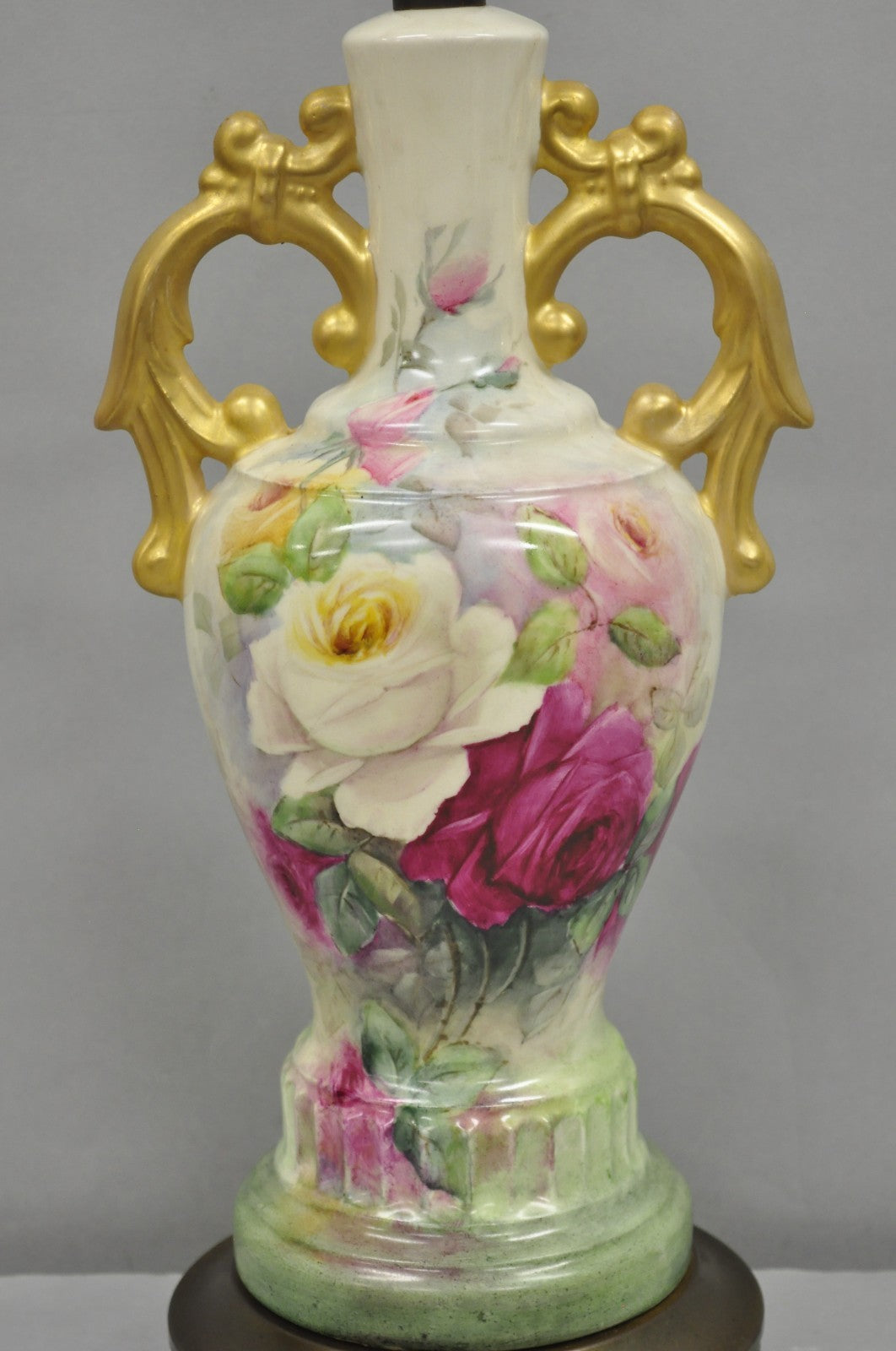 Antique Victorian French Porcelain Hand Painted Flower Vase Form Table Lamp