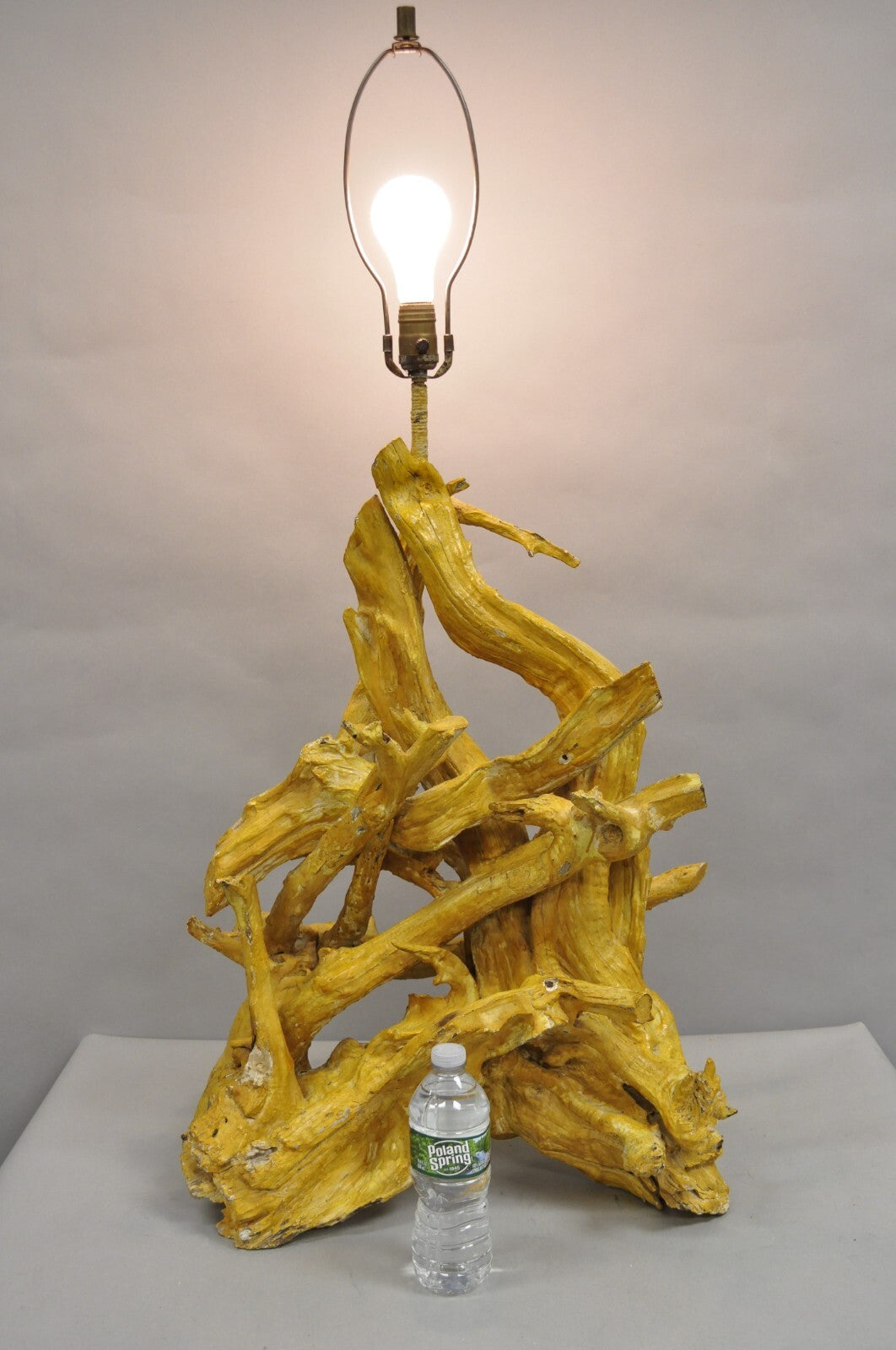 Vintage Mid Century Modern Large Driftwood Yellow Painted Tiki Room Table Lamp