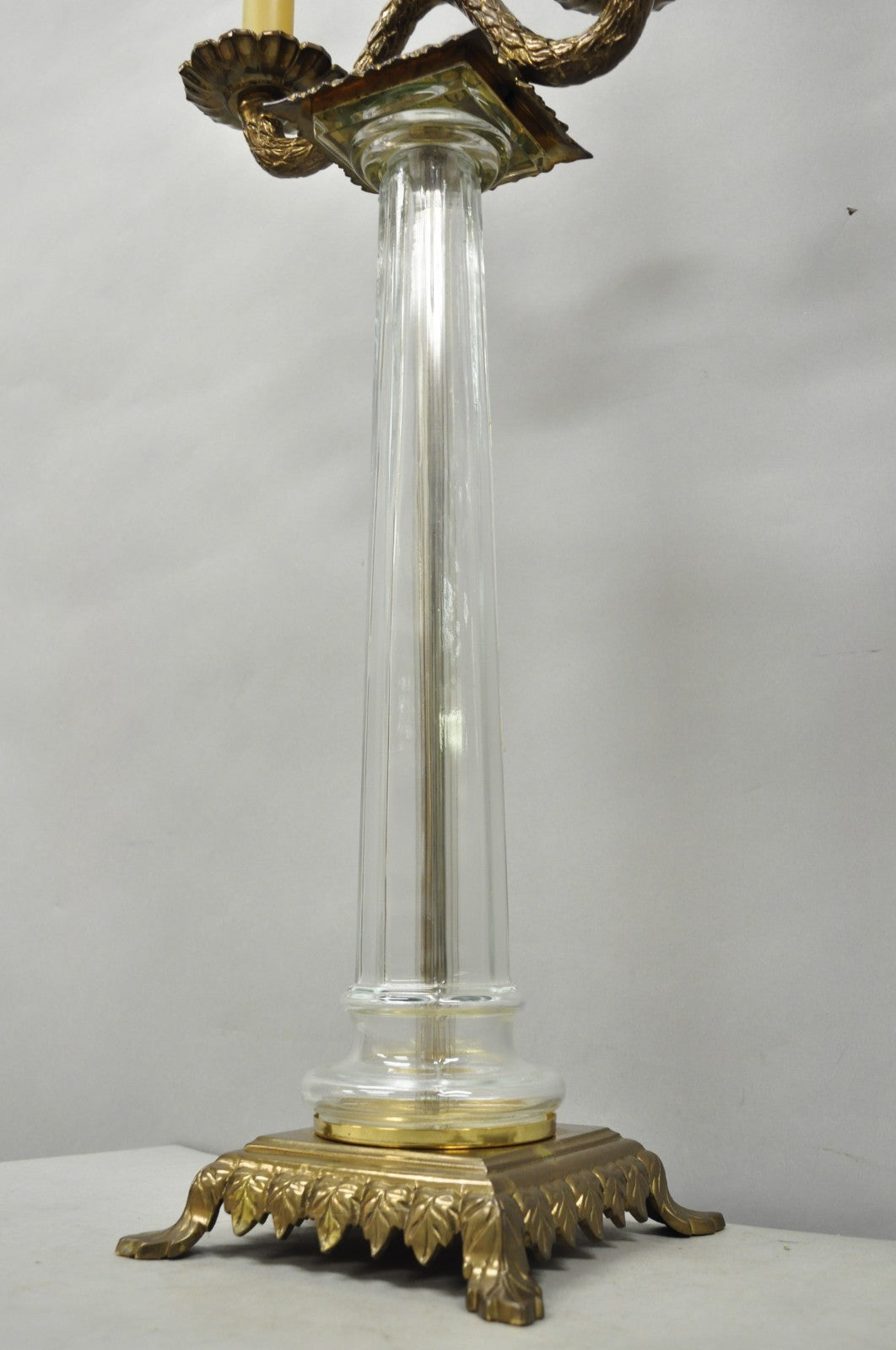 Vintage Chapman French Empire Glass Column Brass Candelabra Table Lamps - a Pair