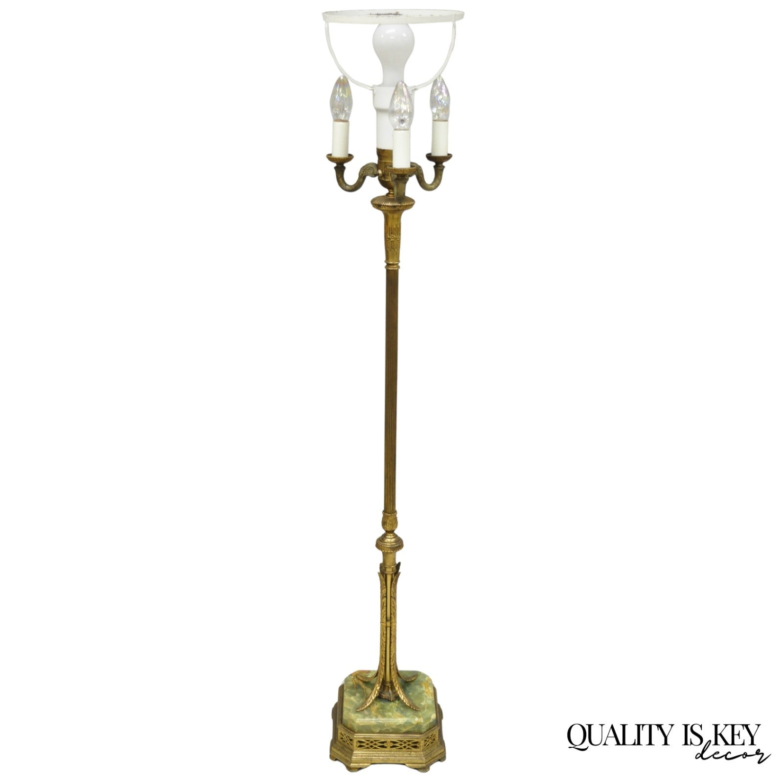 Antique Art Deco Brass & Green Onyx Pole Floor Lamp by Mutual Sunset Lamp Co.