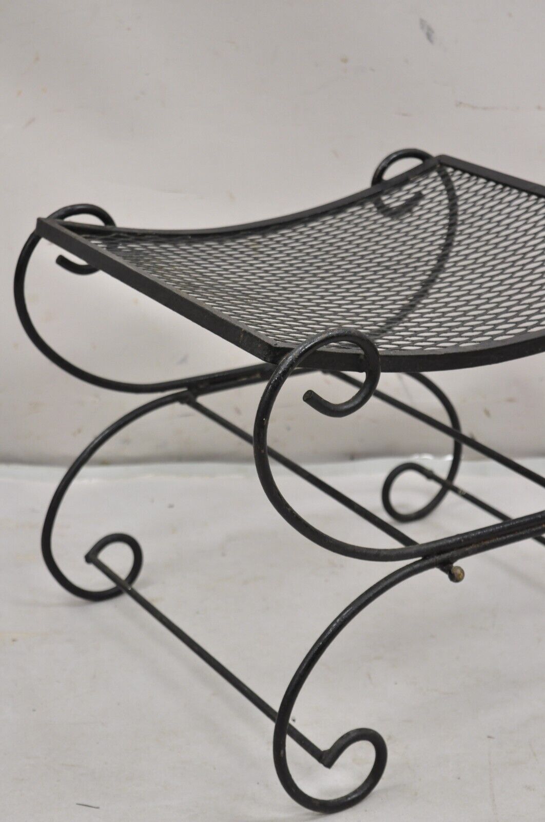 Vintage Hollywood Regency Black Wrought Iron Curule Scrolling Bench (A)