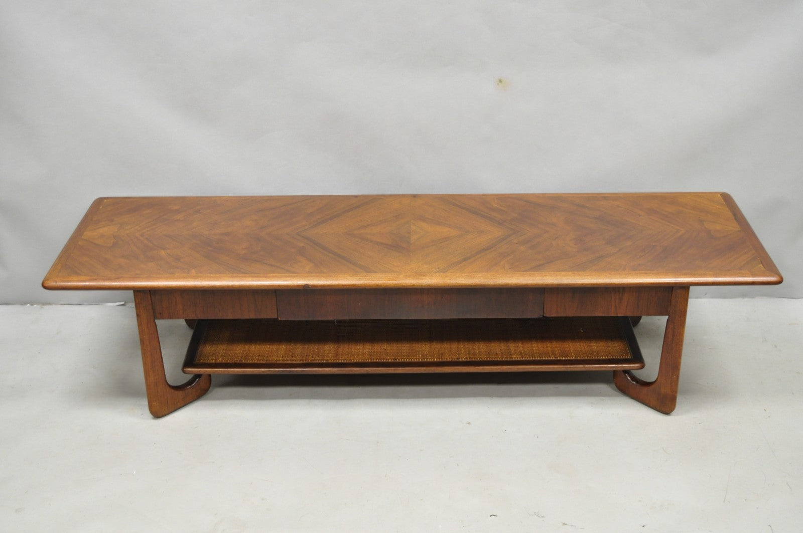 Vintage Mid Century Danish Modern Sculptural Walnut 1 Drawer Long Coffee Table