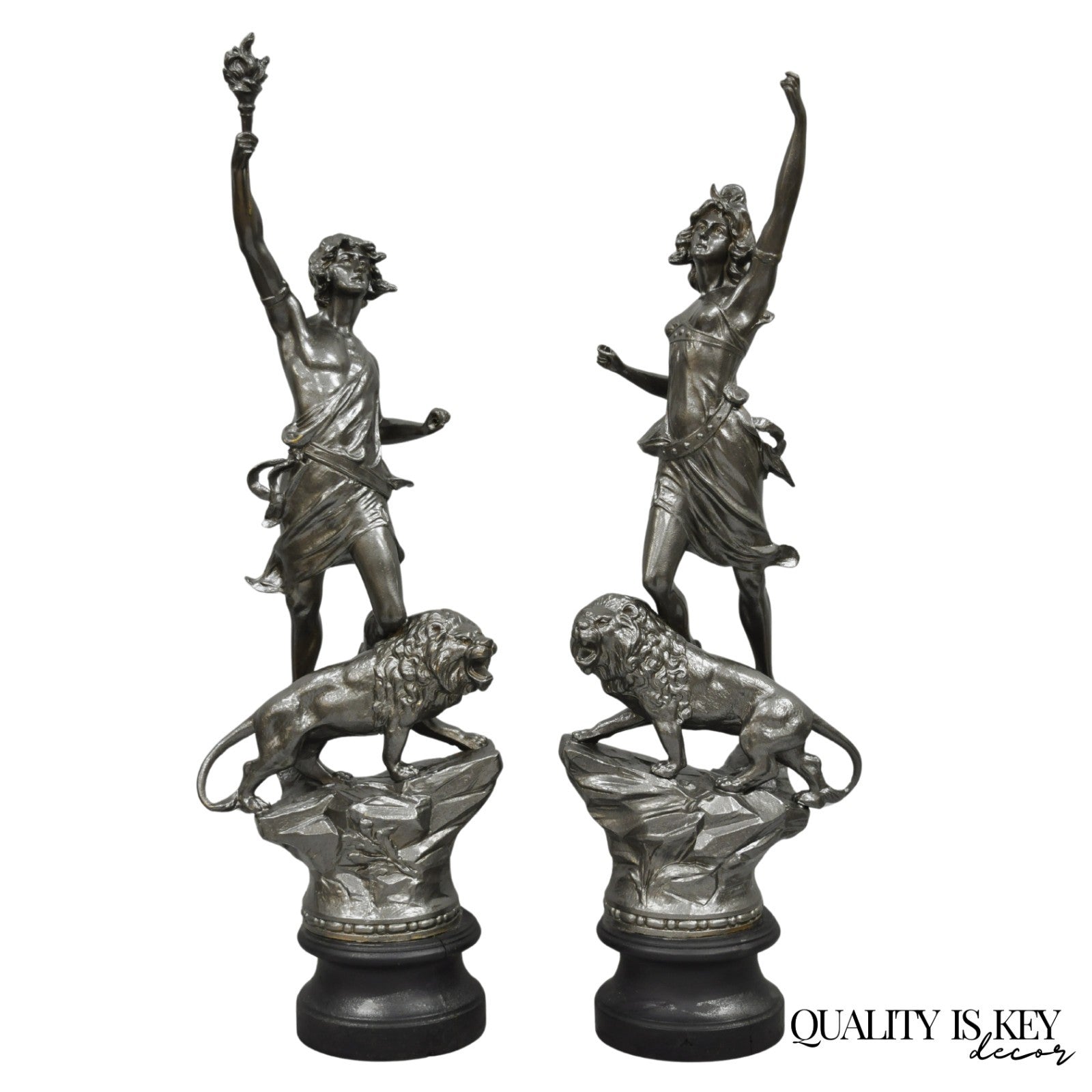 Antique French Renaissance "Le Force & Le Pouvoir" Spelter Metal Sculpture Pair