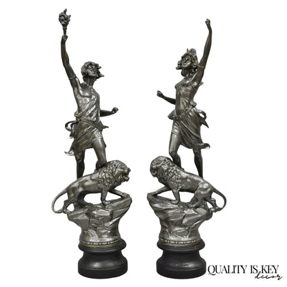 Antique French Renaissance "Le Force & Le Pouvoir" Spelter Metal Sculpture Pair