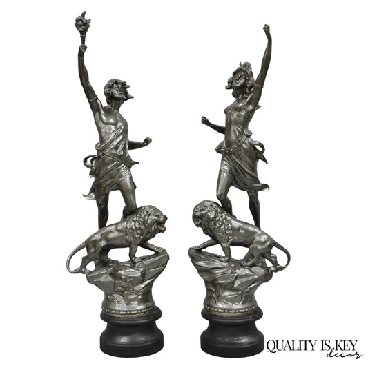 Antique French Renaissance "Le Force & Le Pouvoir" Spelter Metal Sculpture Pair