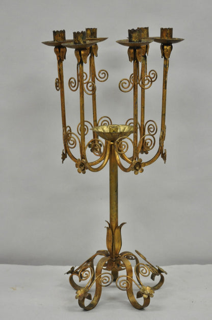 Vintage Italian Hollywood Regency Gold Gilt Iron Scrolling 6 Arm Candelabra