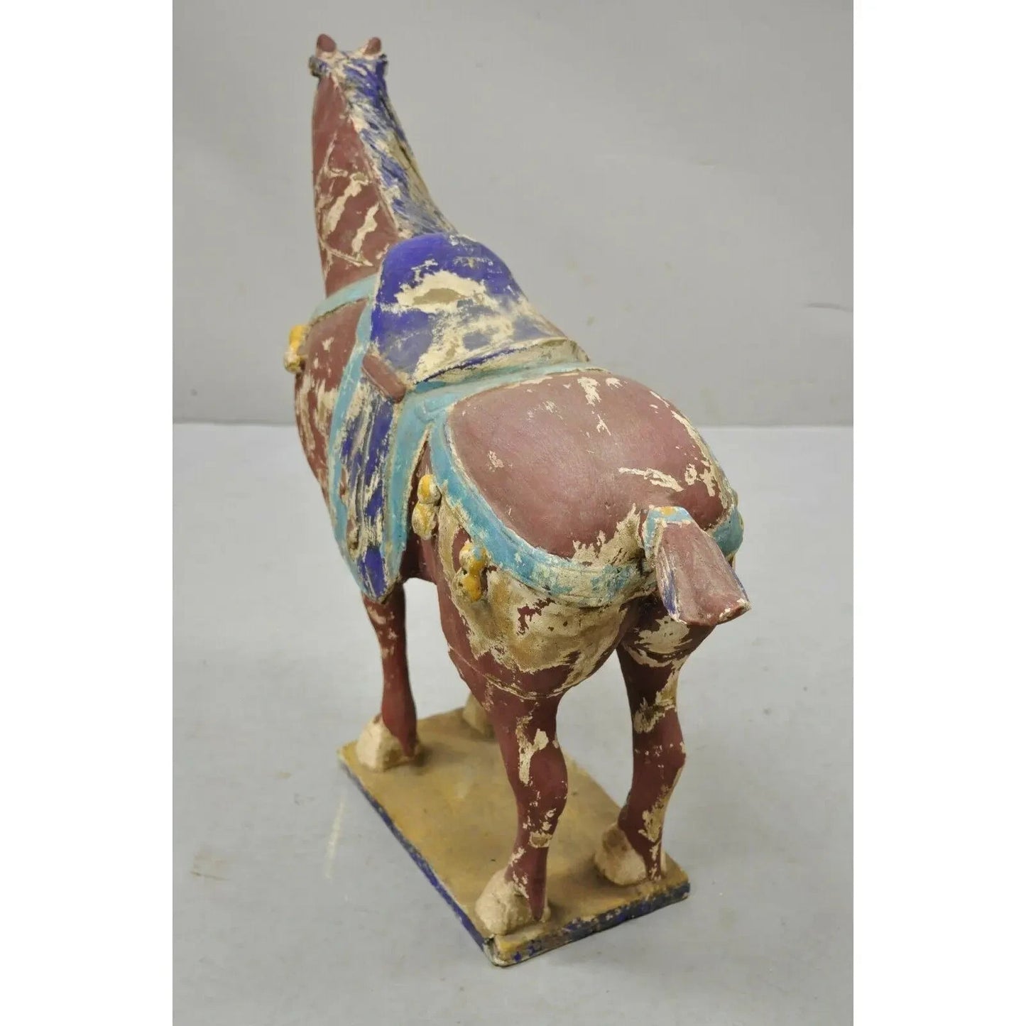 Chinese Polychrome Wooden Carved Wood 28" Tang Horse Sculpture Statue Red Blue