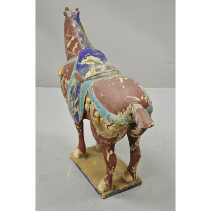 Chinese Polychrome Wooden Carved Wood 28" Tang Horse Sculpture Statue Red Blue