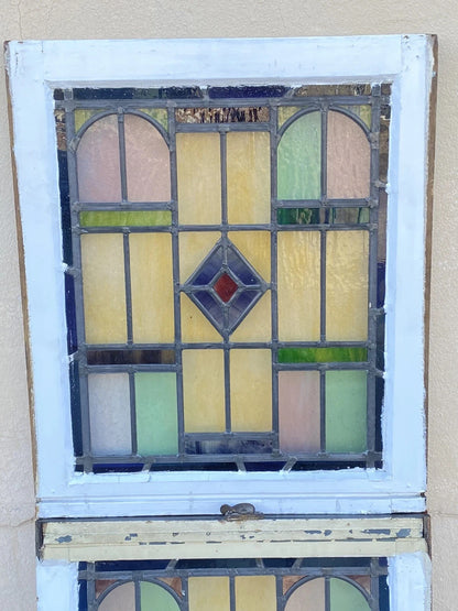 Antique Art Deco Leaded Stained Glass Pink Green Blue Yellow Windows - a Pair