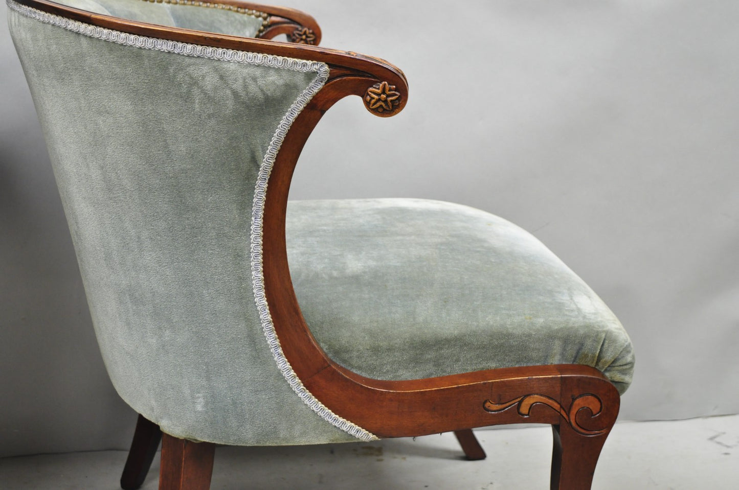 Vintage French Hollywood Regency Mahogany Saber Leg Parlor Lounge Chair - a Pair