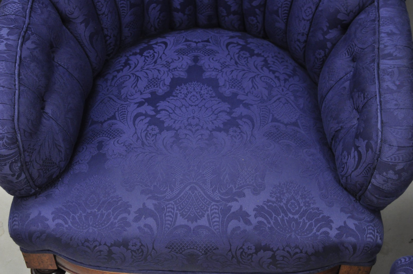 Vintage English Napoleon III Style Blue Button Tufted Fan Back Club Chairs, Pair