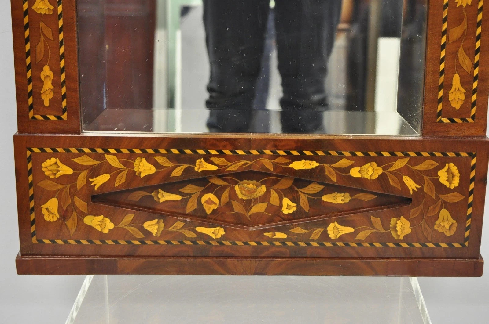 Antique Satinwood Dutch Marquetry Inlay Beveled Glass Console Pier Wall Mirror