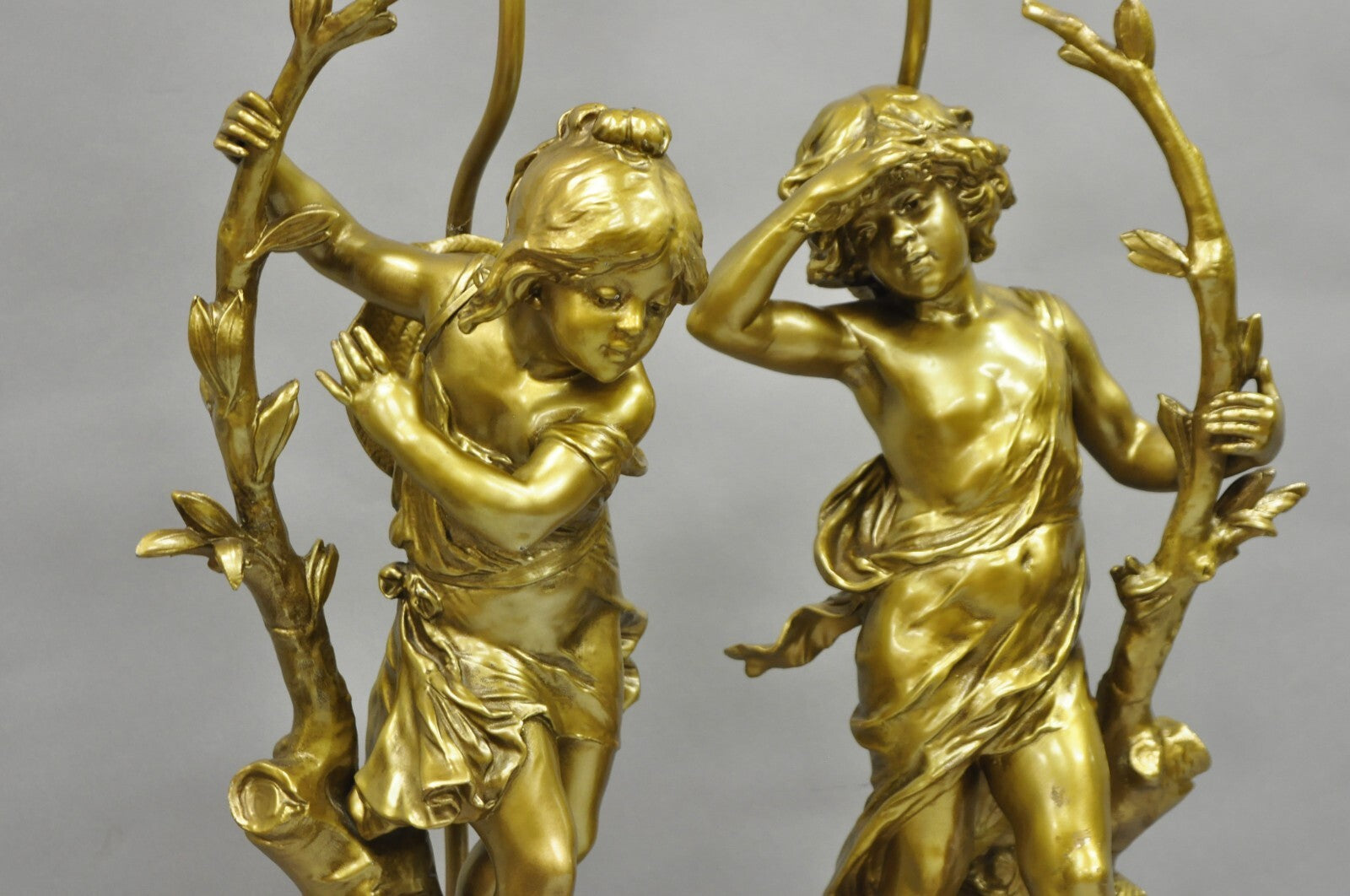 Antique L&F Moreau French Renaissance Gold Paint Metal Figural Table Lamps Pair