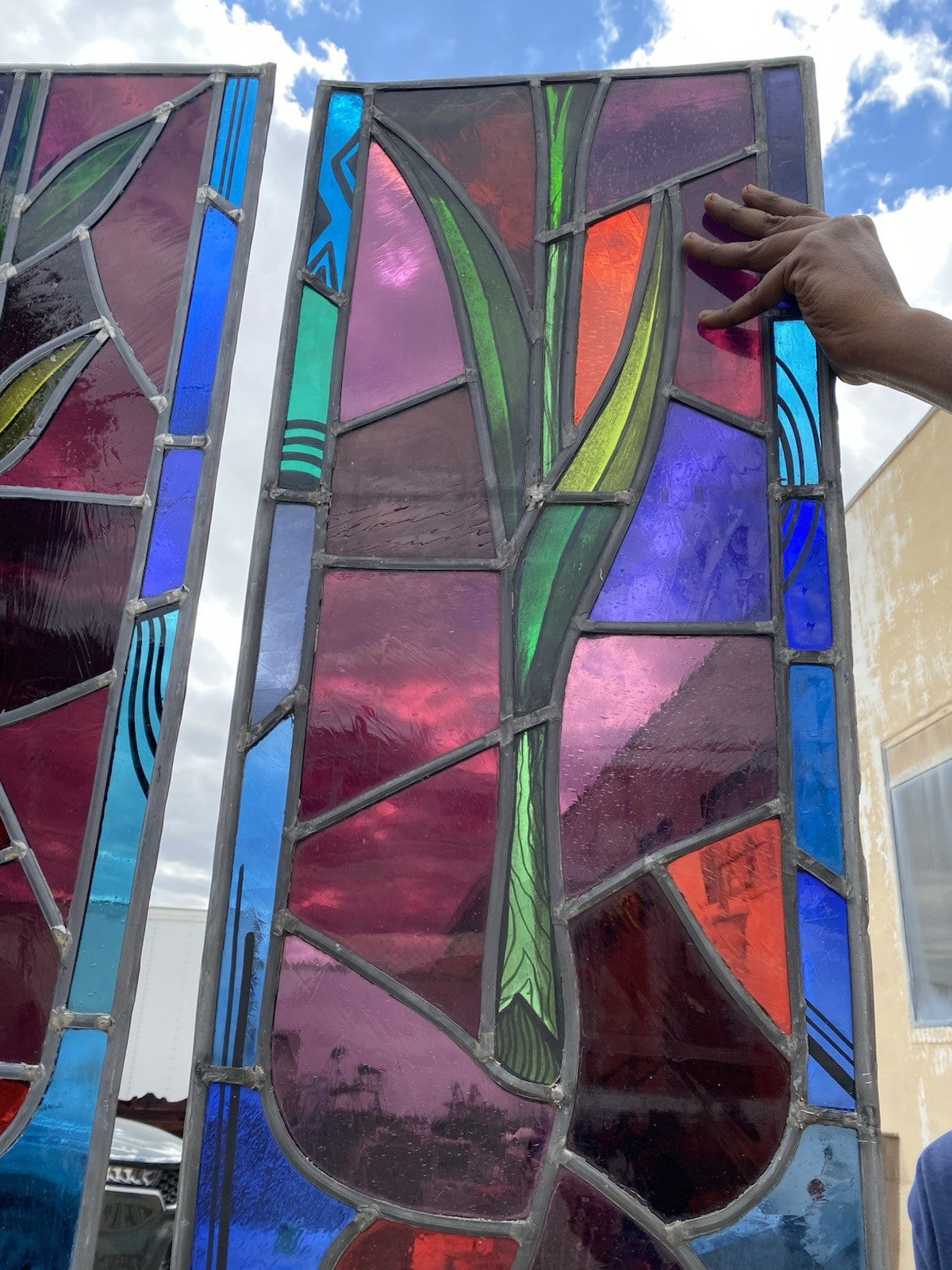 Vintage "Yo" & Door Art Deco Blue & Red Leaded Stained Glass Window 43x15 - 4 Pc