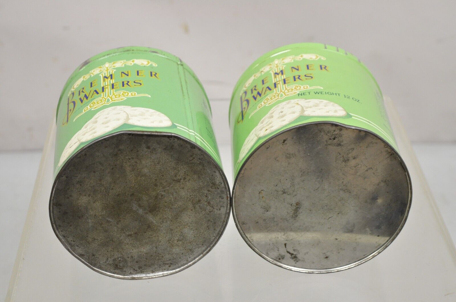 Vintage Bremner Wafers Tin Mint Green Round Lidded Metal Biscuit Metal Box Pair