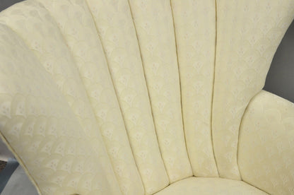 Vintage French Art Deco Style Channel Wingback Mahogany Lounge Arm Chairs - Pair